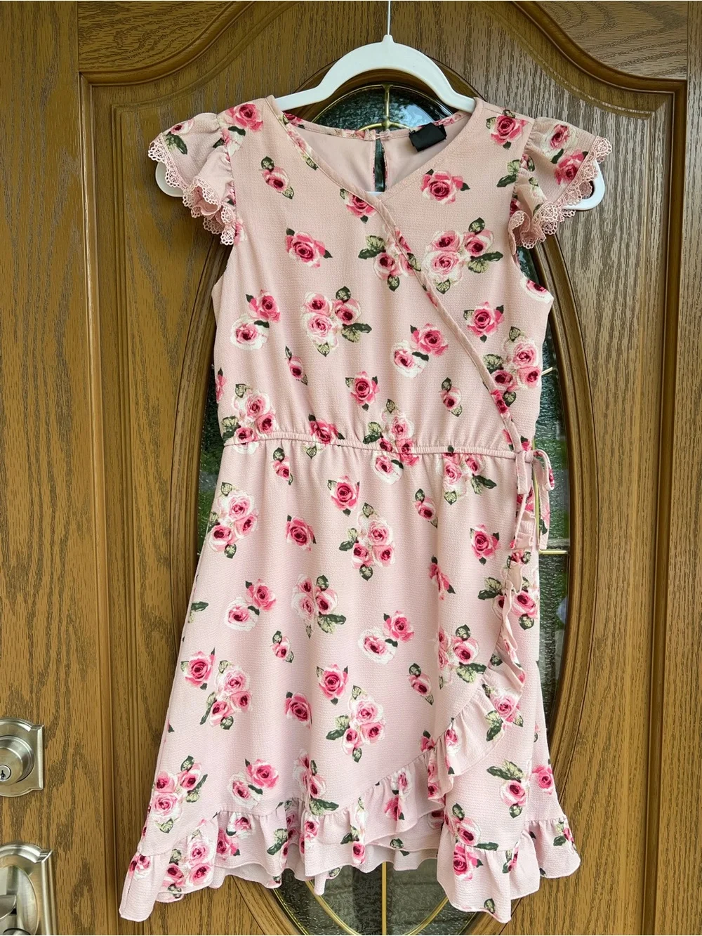 Zunie Girls' Peach Floral Faux Wrap Dress with  lace & Ruffle Trim Size 8